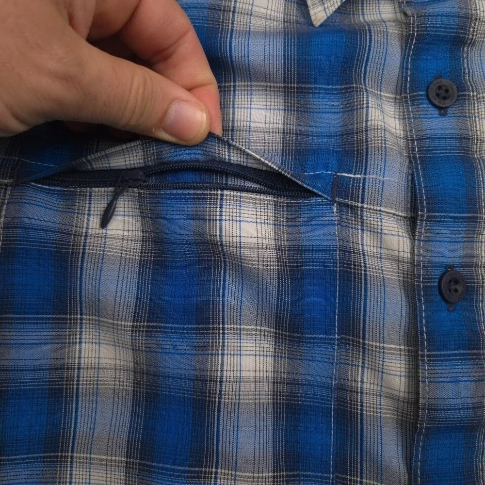 The North Face Performance Shirt Mens Small Blue Gray Plaid Short Sleeve Hiking